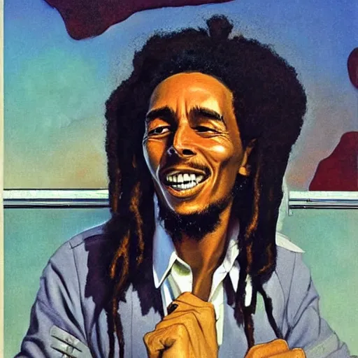 Image similar to scifi Bob Marley by Robert McGinnis, pulp comic style, circa 1958, photorealism