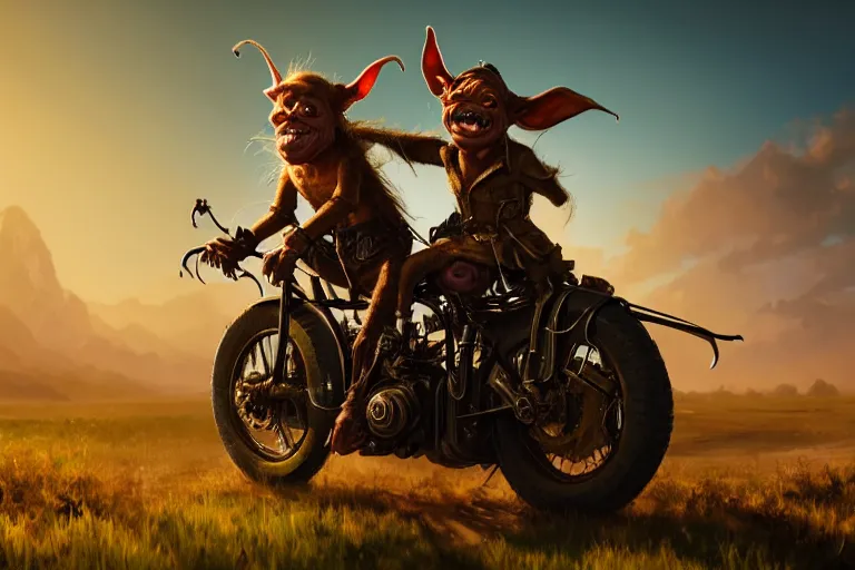 Prompt: a goblin riding a steampunk motorcycle on a dirt road in a meadow, volumetric light, studio lighting, hyperdetailed, artstation, cgsociety, 8k