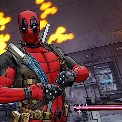 Image similar to Deadpool in borderlands 2 4k detailed super realistic