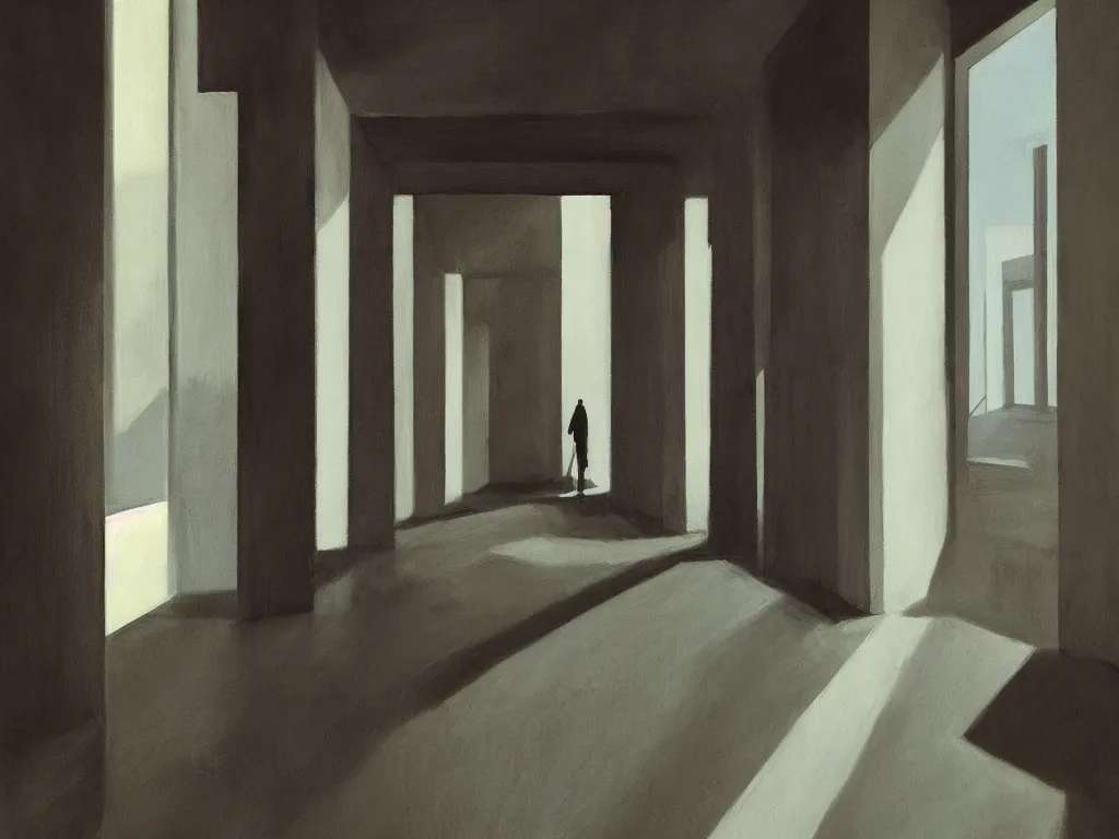 Image similar to colorful minimalist industrial interior hallway with monolithic pillars in the style of ridley scott and stanley kubrick, impossible stijl architecture, science fiction, lone silhouette in the distance, ultra wide angle view, cinematic, noir, god rays, volumetric lighting, realistic detailed painting by edward hopper