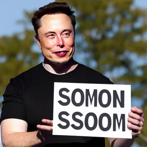 Image similar to a medium shot photograph of elon musk holding a sign with the word soon on it, 4k, ultra HD