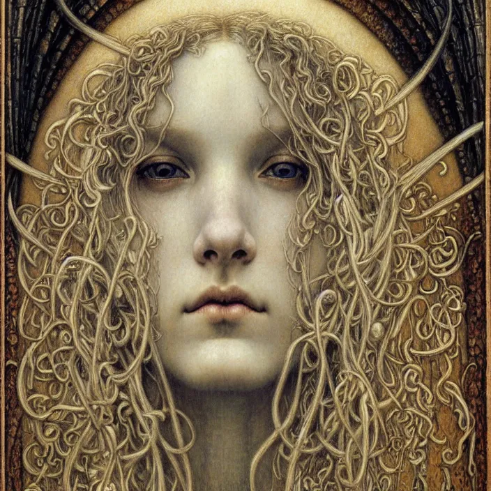 Image similar to detailed realistic beautiful young medieval queen face portrait by jean delville, gustave dore and marco mazzoni, art nouveau, symbolist, visionary, gothic, pre - raphaelite. horizontal symmetry