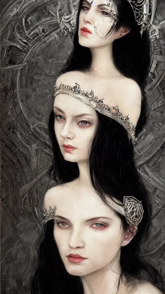 Image similar to a beautiful black haired woman with pale skin and a crown on her head sitted on an intricate metal throne, intimidating woman, large black eyes, high forehead, smooth pale skin, ethereal skin, ominous, eldritch. oil painting by nuri iyem, james gurney, james jean, greg rutkowski, highly detailed, soft lighting, chiaroscuro