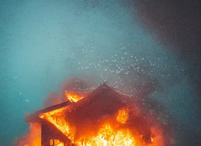 Image similar to dslr photo still of a house on fire under the water under water at the bottom of the ocean with lots of bubbles and light rays, 8 5 mm f 1. 8