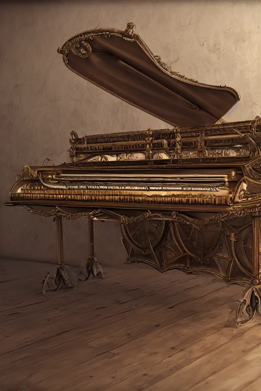 Prompt: Tonemapped Steampunk harpsichord, Artstation, Unreal Engine, photorealistic