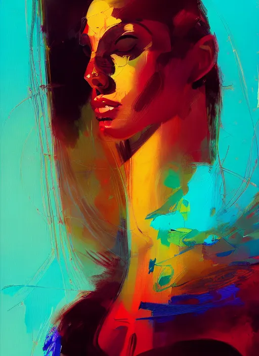 Prompt: a abstract expressionismportrait of a woman with very long legs vibrant color scheme, highly detailed, in the style of romanticism, cinematic, artstation, moebius, greg rutkowski