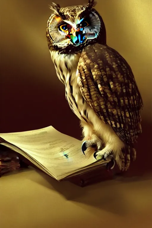 Image similar to An owl falling asleep on his papers he was studying., digital painting, artstation, concept art, soft light, hdri, smooth, sharp focus, illustration, art by tian zi, craig mullins, Mark Arian, WLOP, alphonse mucha