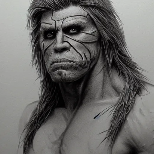 Image similar to amazing lifelike award winning pencil illustration of ultimate warrior trending on art station artgerm Greg rutkowski cinematic