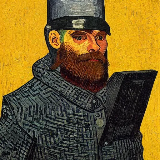 Image similar to portrait of ned kelly, mash - up between mc escher and vincent van gogh