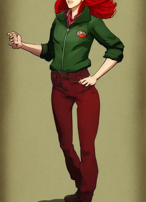 Prompt: full-body shot of an attractive tomboy girl with long, crimson red hair and red eyes, wearing a brown, open jacket and green jeans with a stern look, concept art, character design, by Bill Medcalf
