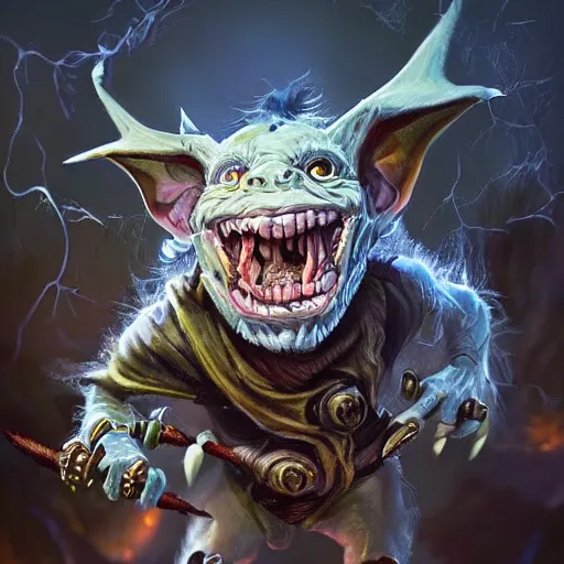 Image similar to a highly detailed goblin with grey skin and blue eyes that glow, surrounded by blowing wind, like magic the gathering, goblin chainwalker,, digital art, by christopher rush