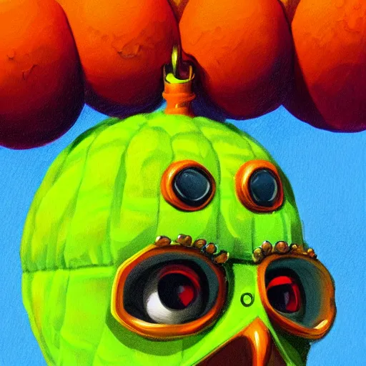 Image similar to a tennis ball monster , orange balaclava, cherub, wings, multiple gold chain necklace, digital art, fantasy, magic, trending on artstation, ultra detailed, professional illustration by Basil Gogos