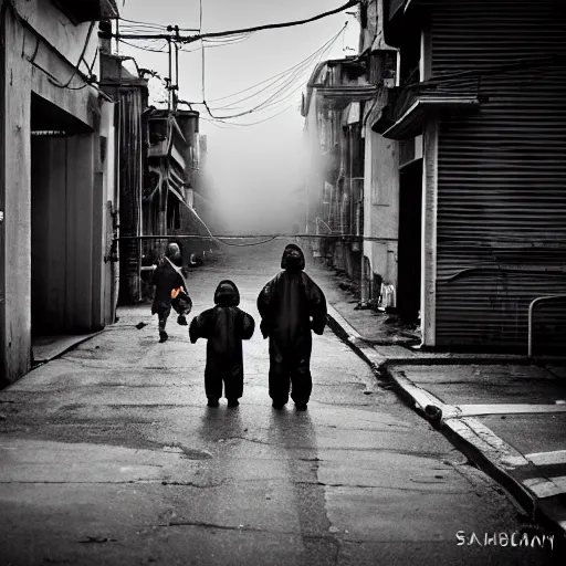 Prompt: a family wearing a hazmat suits on a post-war era street, walking away from the camera, dark smoke in the background, filthy streets, broken cars. Vines growing. Jpeg artifacts. Award-winning photo. Samyang/Rokinon Xeen 50mm T1.5