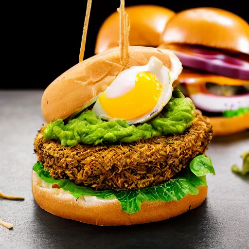 Image similar to vegan hamburger with guacamole and crispy fried onion and fried egg toppings, crispy buns, 8 k resolution, studio lighting, sharp focus, hyper - detailed