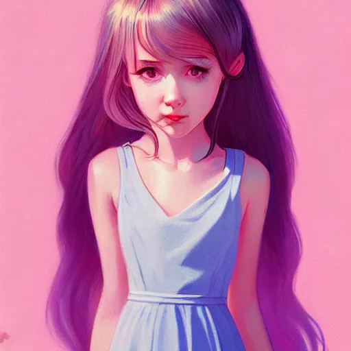 Image similar to young girl in summer dress art, pastel light pink long hair, muted colors, matte print, pastel colors, ornate, digital art, digital painting, fan art, elegant, artstation, head is centered, by Ilya Kuvshinov