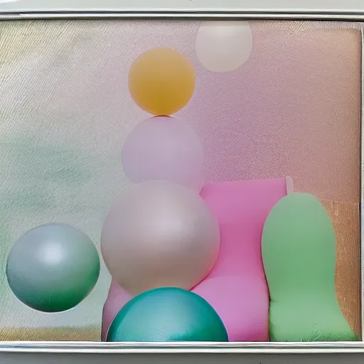 Image similar to a pastel colour high fidelity Polaroid art photo from a holiday album at a seaside with abstract inflatable parachute furniture and spheres, all objects made of transparent iridescent Perspex and metallic silver, no people, iridescence, nostalgic