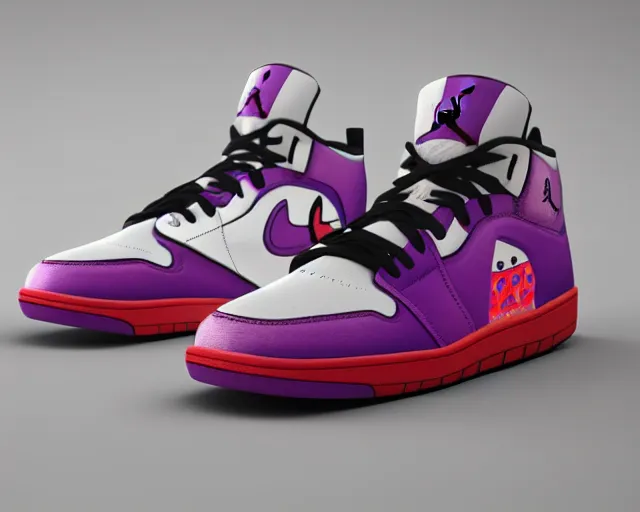 Prompt: 3D render of mid height air jordan sneakers with a portrait of the joker, cinematic, studio lighting, award winning, highly detailed, 4k, hd, sharp