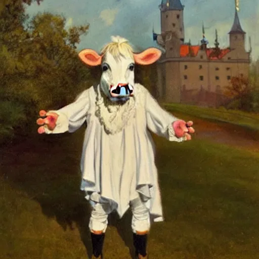 Image similar to painting by zorn, cow, dressed, anthropomorphic!!, wearing!!! clothes!!!, standing next to royal castle!!!