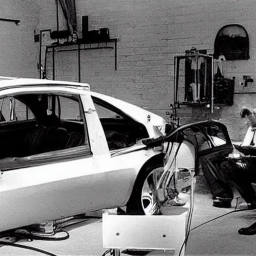 Image similar to future car being worked on by scientist nikola tesla next to elon musk photography 2 0 0 0's
