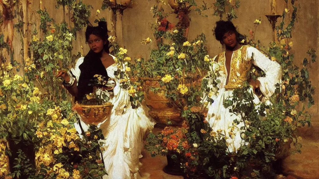 Image similar to high quality high detail painting by ilya repin and john singer sargent, black woman in a white room with many plants, intricate costume design, orientalist, partially gold, ornate, elite, luxury, hd