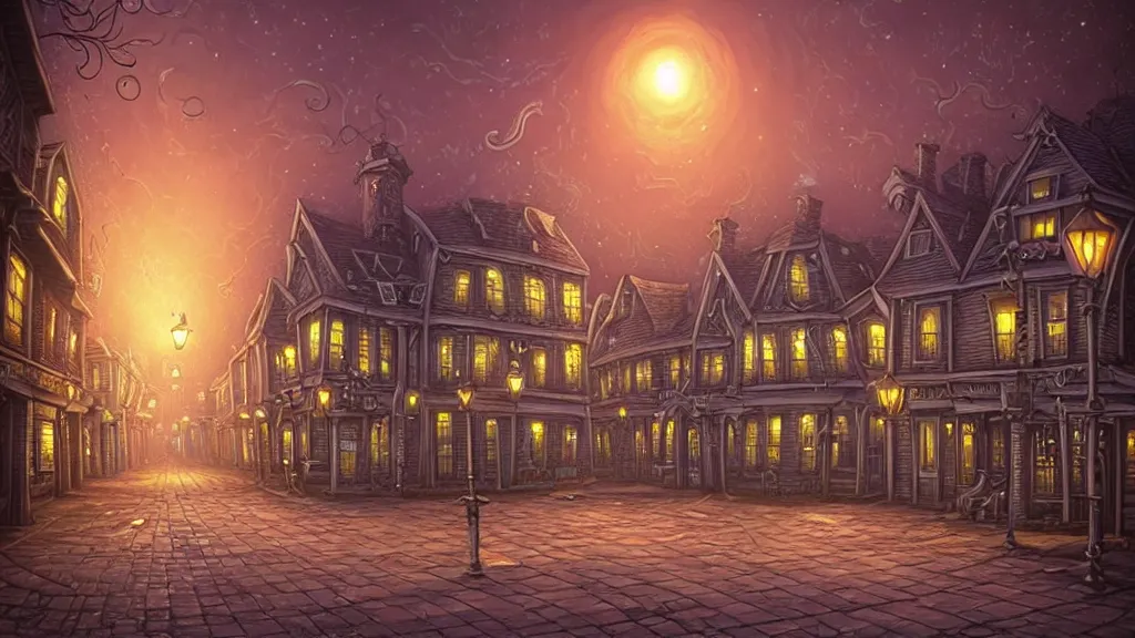 Image similar to empty lovecraftian town square surrounded by houses and inns. cthulhu statue. lovecraftian city at night by cyril rolando and naomi okubo and dan mumford and ricardo bofill. lovecraft. cobbled streets. oil lamp posts. lovecraftian. starry night swirly sky.