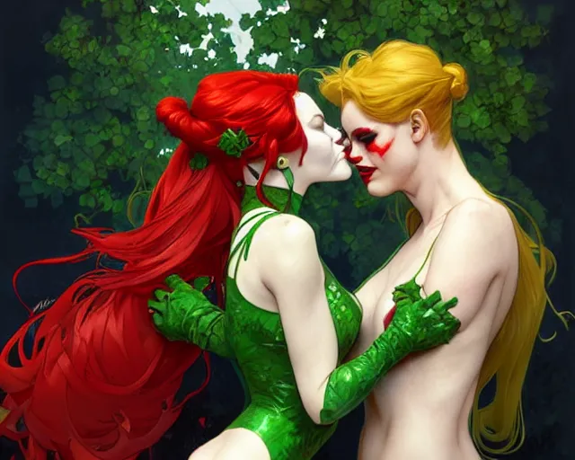 Image similar to poison ivy and harley quinn smooching, digital painting, trending on artstation, by artgerm and greg rutkowski and alphonse mucha