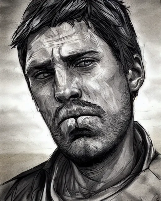Image similar to 🥺😰 portrait of muscular, tired and alcoholic 3 0 - year - old handsome man with short darkblonde hair, serious sad look in his eyes, dirty beard, blue eyes, crying, wearing dirty soldier uniform, on the desert, hyper realistic face, beautiful eyes, character art, art by mark brooks, hyperdetailed, cryengine, trending on artstation, digital art