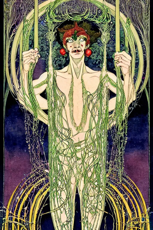Image similar to portrait of an evil satyr in the center of a frame made of christmas ornaments, art by kay nielsen and walter crane, illustration style, watercolor