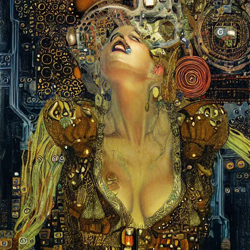 Image similar to cybernetic demon sleeping in circuitry, intricate detail, klimt, royo, whealan,