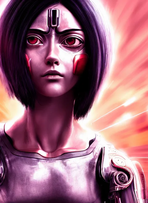 Image similar to Alita Battle Angel, digital painting, cyberpunk, aesthetic, faded, full body portrait, hyper realistic render, 8k