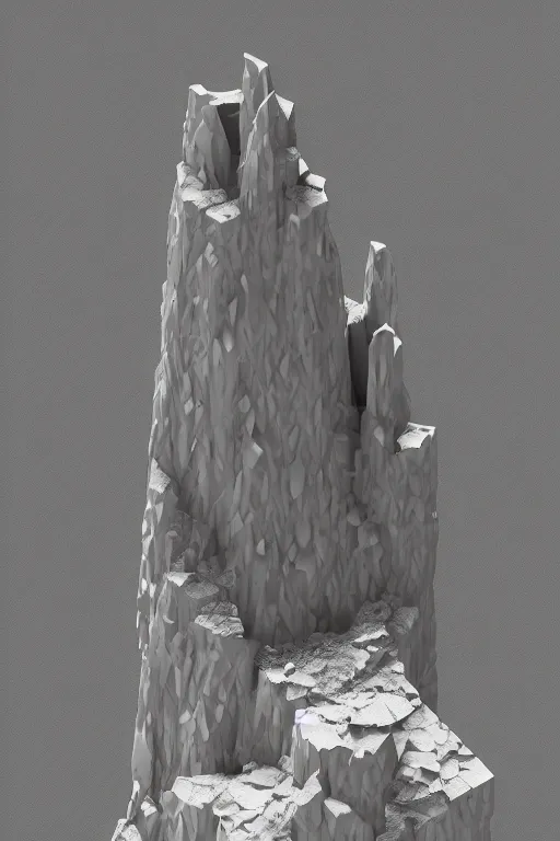 Prompt: blender render of a crystallized monument sitting atop a mountain peak