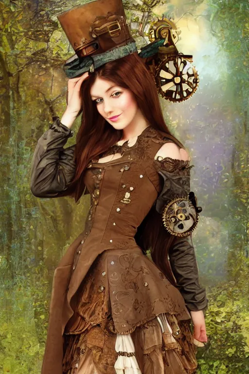 Image similar to beautiful digital oil steampunk style girl in the style of Arthur Hughes