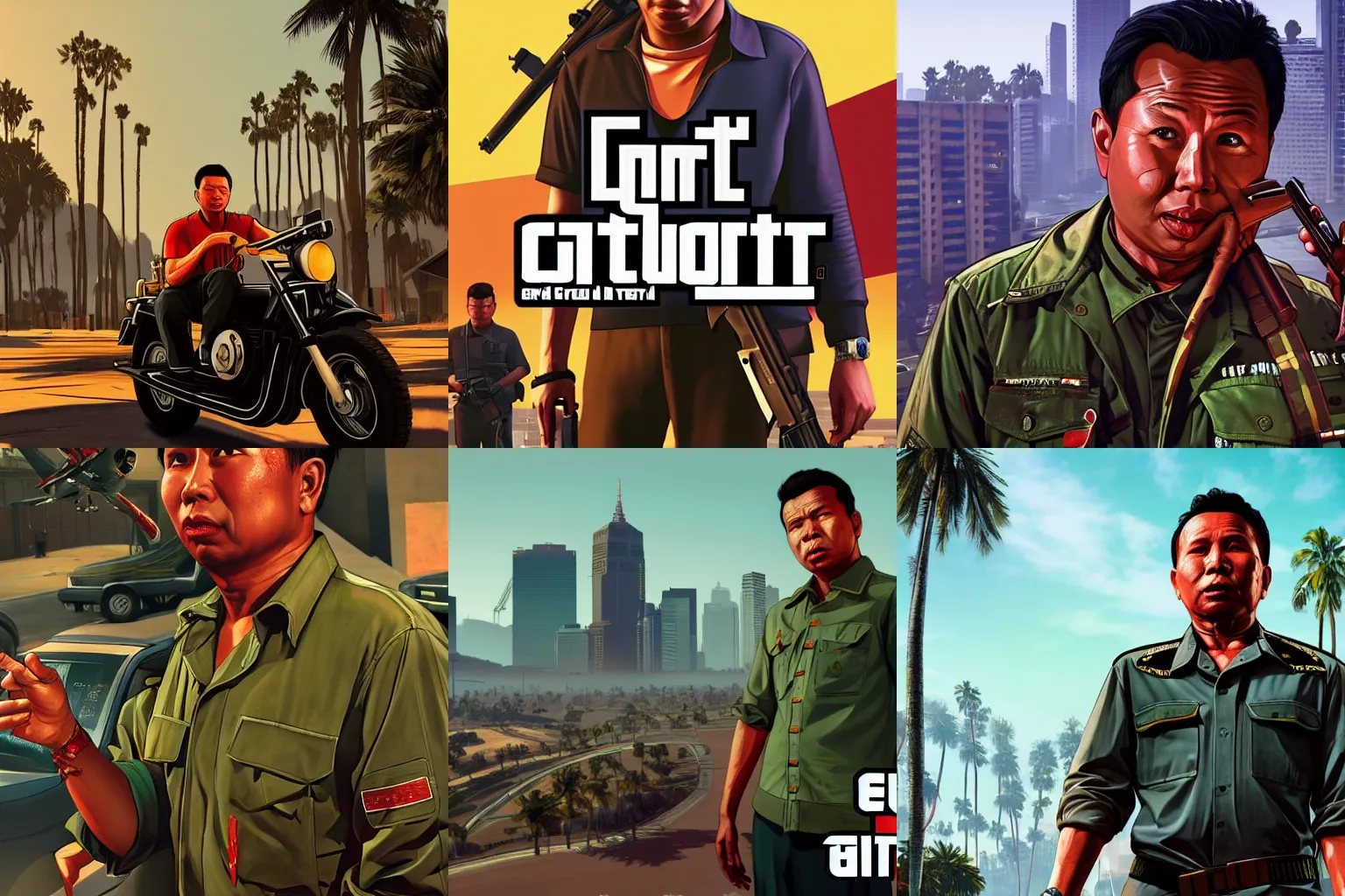 Prompt: Pol Pot in Grand Theft Auto 5 cover art, epic, 4k resolution, extremely detailed, very sharp, artstation, digital art, vibrant,