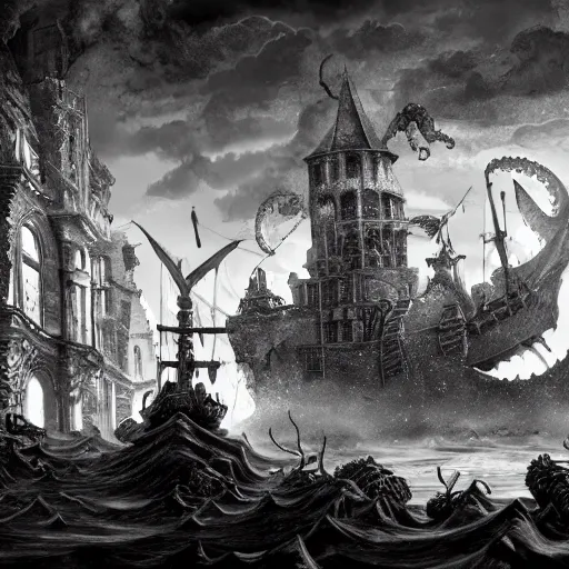 Image similar to kraken destroys a medieval town in the style of kentaro miura, 4 k, 8 k, absolute detailing of even the smallest details and particles, beautiful shadows, beautiful art, black and white drawing