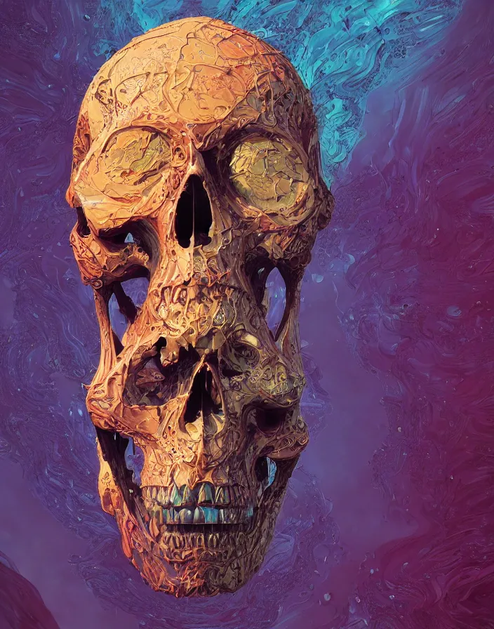 Image similar to portrait of a melting skull. intricate abstract. intricate artwork. by Tooth Wu, wlop, beeple, dan mumford. octane render, trending on artstation, greg rutkowski, retrofuturism, very coherent symmetrical artwork. cinematic, hyper realism, high detail, octane render, 8k, depth of field, bokeh. neon accents