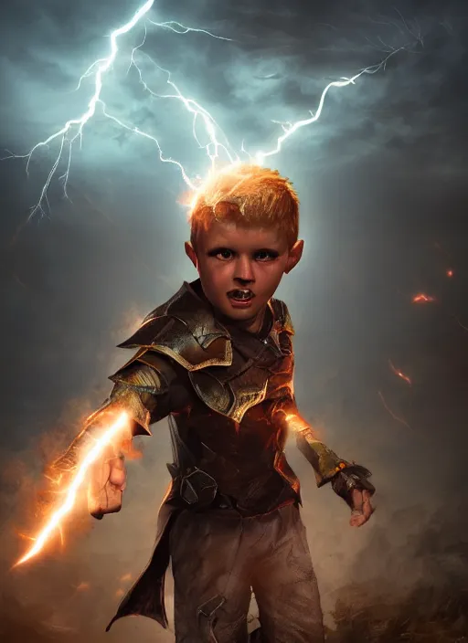 Prompt: An epic fantasy comic book style portrait painting of a young boy surrounded by lightning and power, unreal 5, DAZ, hyperrealistic, octane render, cosplay, RPG portrait, dynamic lighting