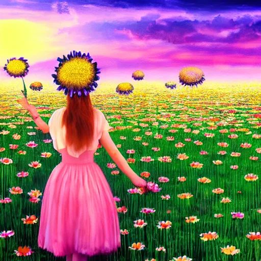 Image similar to full body daisy flower head girl standing in a flower field, her head is hidden behind the huge daisy flower,. surreal photography, sunrise, dramatic light, impressionist painting, colorful clouds, digital painting, artstation, simon stalenhag