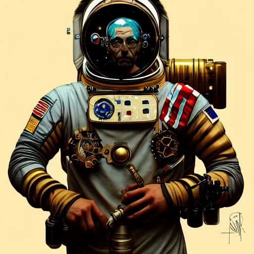 Image similar to portrait of a vicotrian steampunk astronaut with helmet man in suit by darek zabrocki, alphonse mucha, simon stalenhag and cinematic and atmospheric, concept art, artstation, trending on artstation