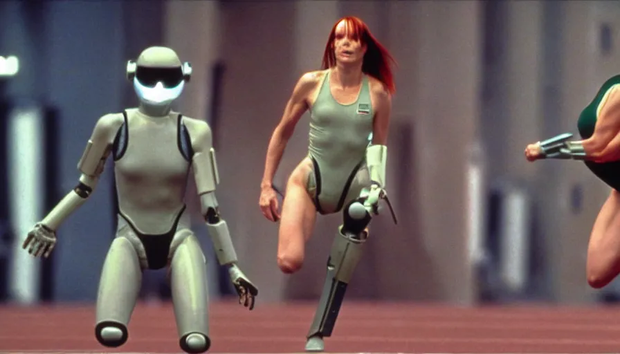 Image similar to The matrix, LeeLoo, Starship Troopers, Clarice Starling, 1960'Olympics footage, hurdlers in a race with robotic legs, intense moment, cinematic stillframe, shot by Roger Deakins, The fifth element, vintage robotics, formula 1, starring Geena Davis, clean lighting