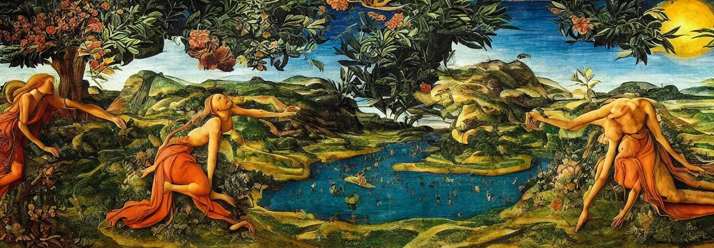 Prompt: beautiful landscape mural of an alien planet, lush landscape, vivid colors, intricate, highly detailed, masterful, fantasy world, in the style of sandro botticelli, caravaggio, albrecth durer