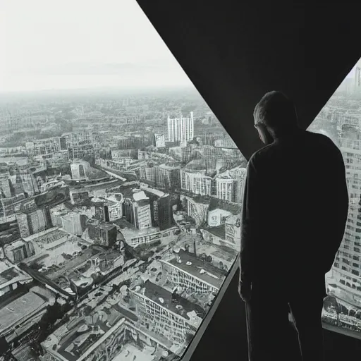 Prompt: photo of man looking below from skyscraper by gregory crewdson created at future in 4 k ultra high resolution with inspiring feeling