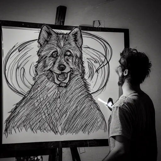 Image similar to photo portrait of drunk hobo artist drawing furries for booze, symmetry, awesome exposition, very detailed, highly accurate, intricate, professional lighting diffracted lightrays, 8 k, sense of awe