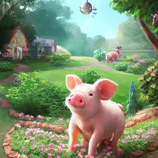 Image similar to cute and adorable miniature piggy pig2 wearing a cute hat on garden during a summer day, highly detailed, digital painting, artstation, concept art, smooth, sharp focus, illustration, art by yee chong and sydney hanson and rossdraws and greg rutkowski