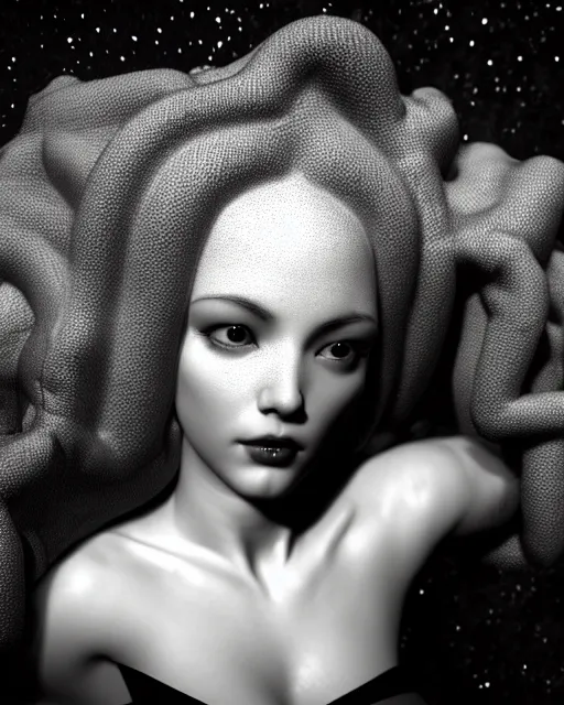 Image similar to dreamy, monochrome, subsurface scattering, white, cyborg goddess in cosmos, black and white, octane render, virgil finlay, mark ryden, highly detailed, rim light, art, cinematic lighting, very coherent, hyper realism, 8 k