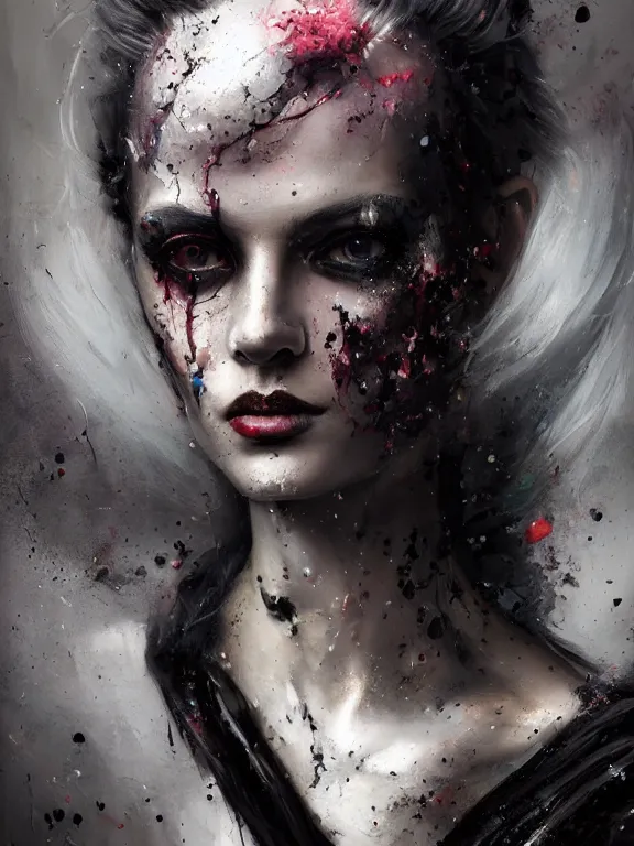 Prompt: a photorealistic splatterpunk portrait of a gorgeous model with shadowy eyes and bonewhite hair, with black glossy lips, hyperrealistic, award - winning, 8 k, in the style of tom bagshaw, cedric peyravernay, peter mohrbacher