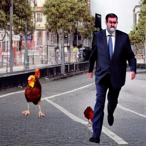 Image similar to corrupt politician laughigh m. rajoy hybrid with the body of a chiken running in the middle of the city, deseperated, high quality photo, ultrarrealistic, award winning photography, hyperrealistic