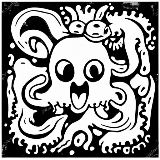 Image similar to angry squid, 🦑 design, squared border, black and white, mad cuttlefish, cute decapodiformes, very upset expression, angry eyebrows