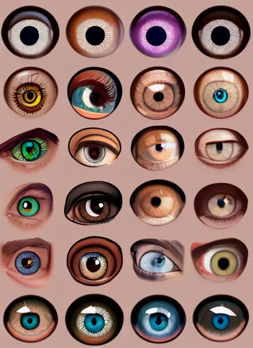 Prompt: diverse eyes!, dot pupils, round pupil, happy human eyes, round iris, advanced art, art styles mix, from wikipedia, grid of styles, various eye shapes