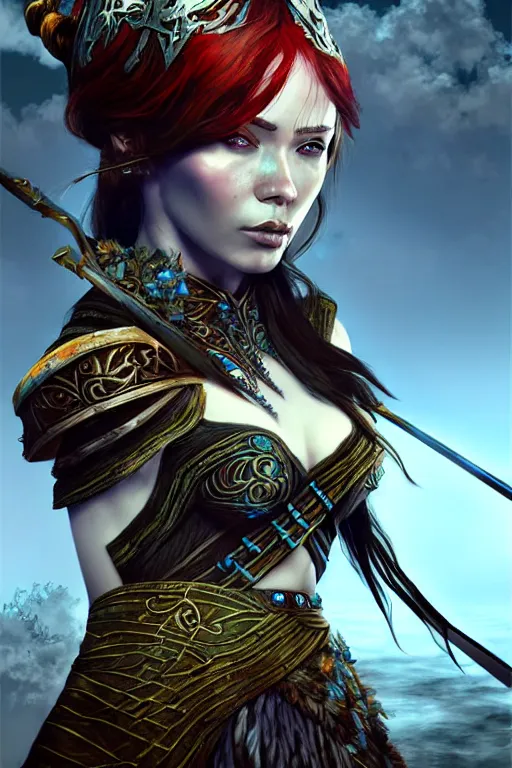 Prompt: Eir Stegalkin with a long bow of Guild Wars 2, digital art, hyper-realistic, highly detailed