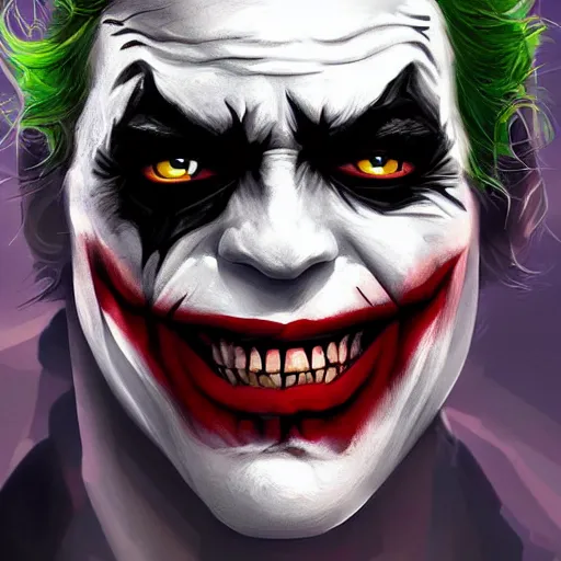 Image similar to the batman wearing joker makeup, digital painting, amazing detail, artstation, cgsociety